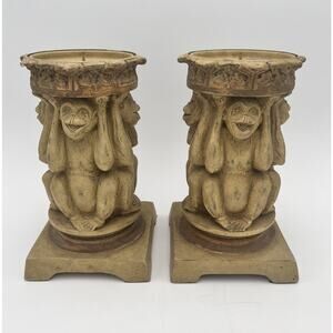 Candle Holder Pilar Monkey Monkeys Lot of 2 Happy Crazy Chimp Smiling 9.5" Pair
